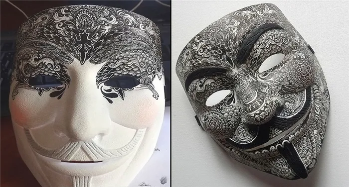 Анонимная маска, раскрашенная гелевой ручкой