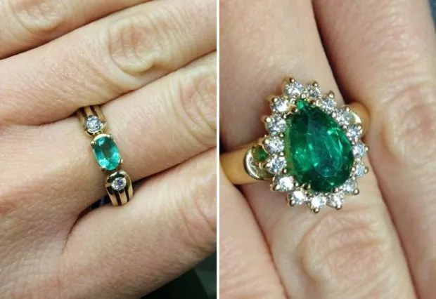 Женщина носит кольцо: зеленые камни