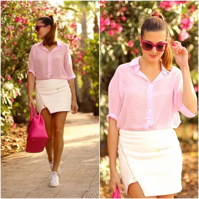 розовая рубашка с белой мини-юбкой