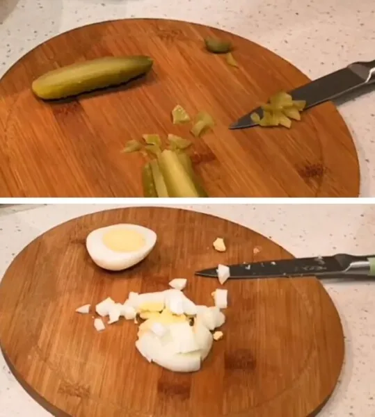 нарезать огурцы и яйцо