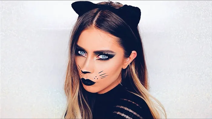 макияж черной кошки на Хэллоуин у девушки