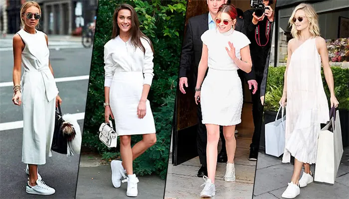 Белые кроссовки отлично сочетаются с летними платьями и юбками.
