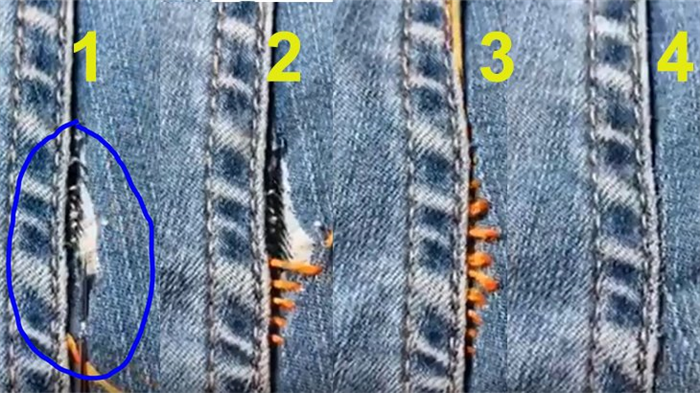 зашиваем дырку в джинсах в месте шва, чтобы не было видно